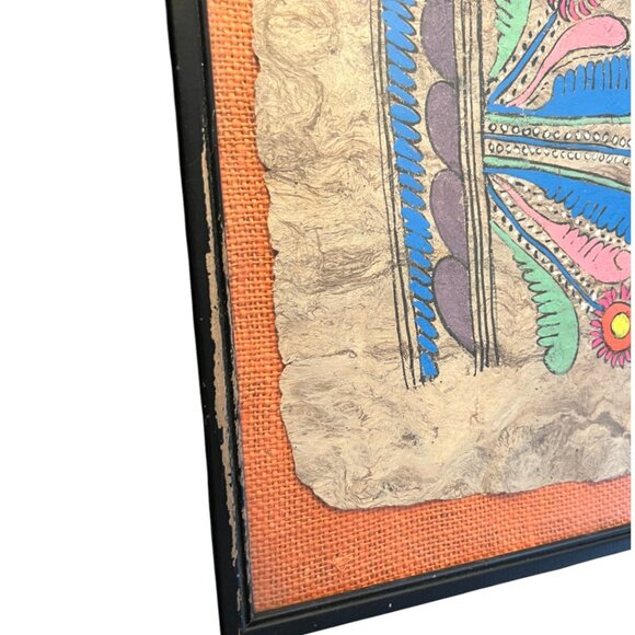 Vintage Mexican Amate Bark Painting – Floral Hand-Painted FOLK ART w/ Burlap Mat - Picture 13 of 16